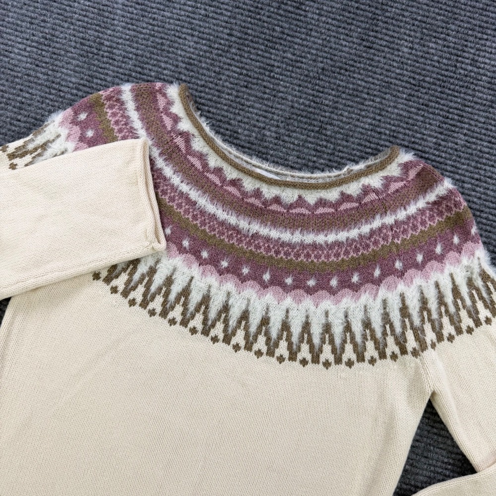 Sundance Womens Fair Isle Yoke Knit Sweater Cream Purple Wool Blend Medium